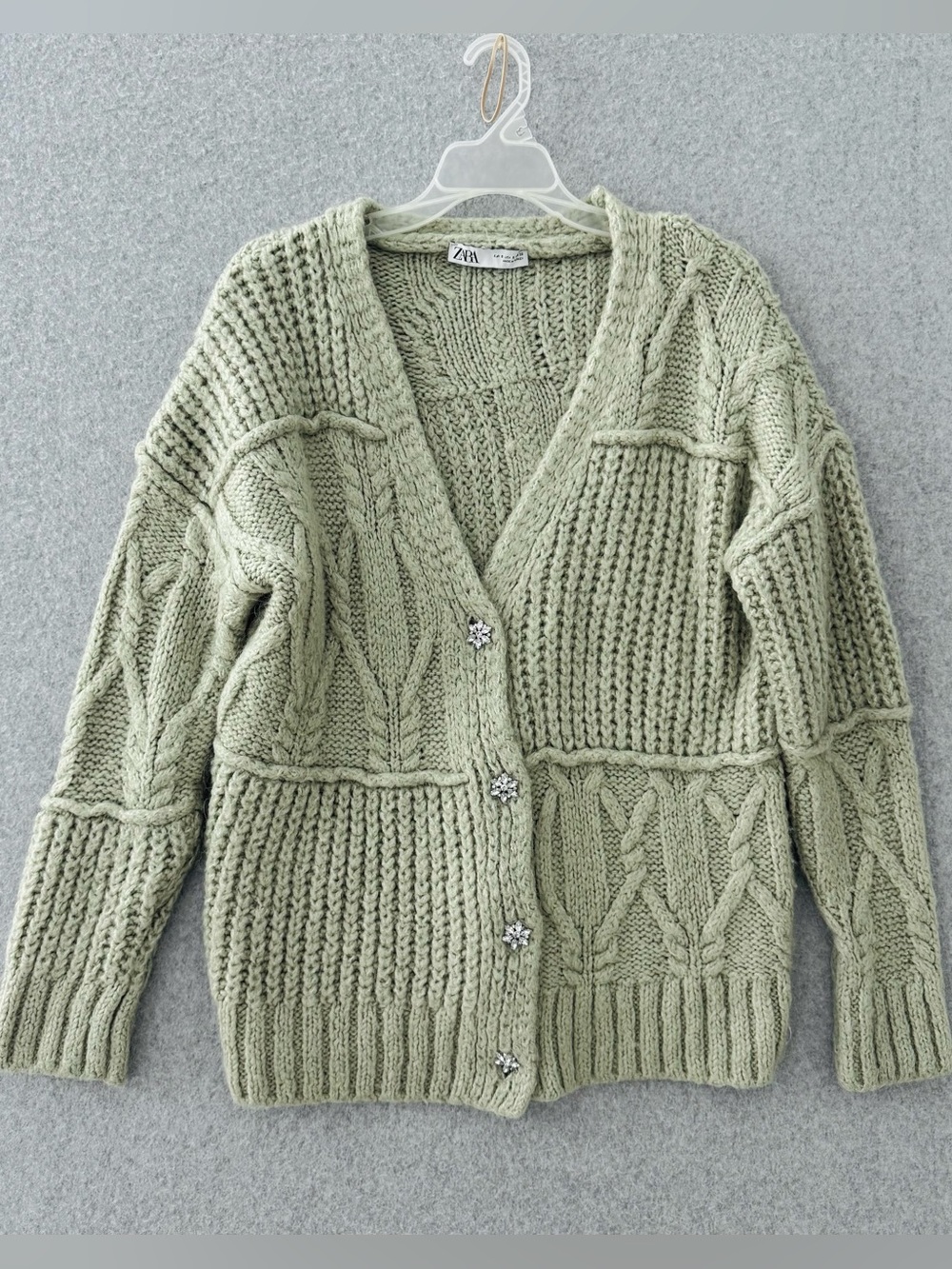 Zara Womens Green Chunky Knit Oversized Cardigan Patchwork Rhinestone Small READ